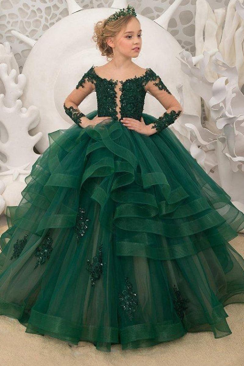 A-Line Off The Shoulder Long Sleeve Tulle Floor Length Flower Girl Dresses 617925271837 - 7 Days / Green / 2 - COCOMELODY